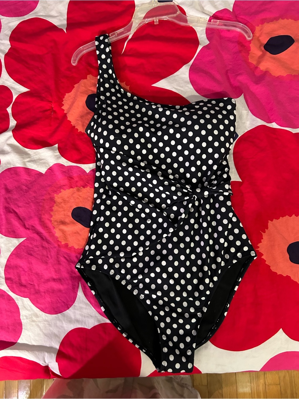 Perry Ellis Black and White Polka Dot One-Shoulder Kids Swimsuit